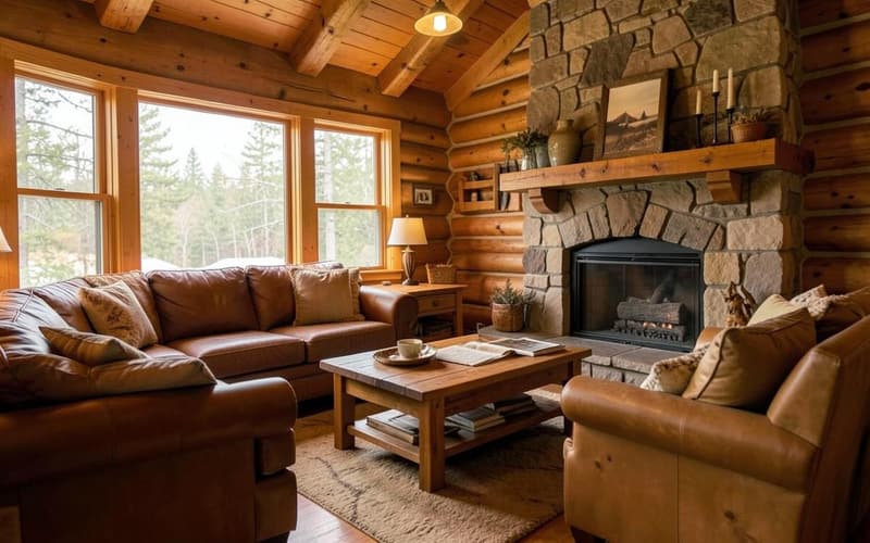 Furnished cabin living room with fireplace