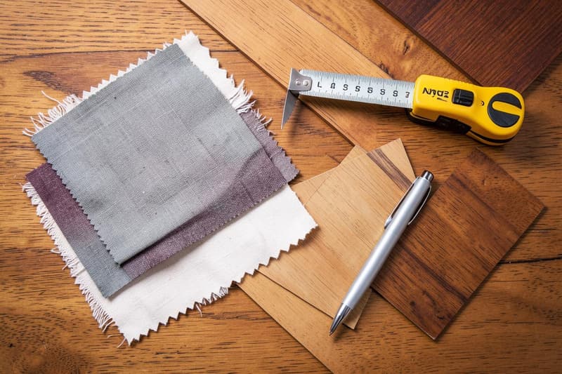 Fabric swatches, wood samples and a tape measure on a table