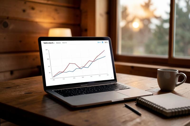 Laptop showing a performance chart on a cabin desk