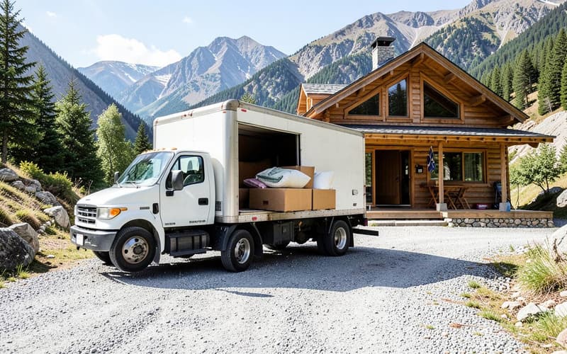 Delivery truck unloading furniture at a cabin