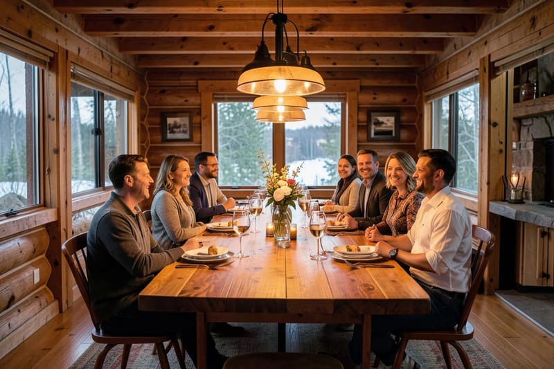Guests gathered at a cabin dining table