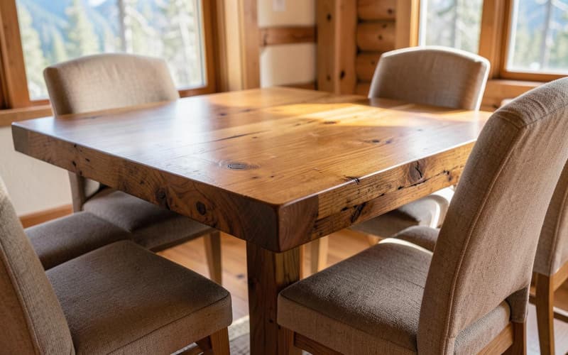 Solid wood dining table and chairs in a cabin