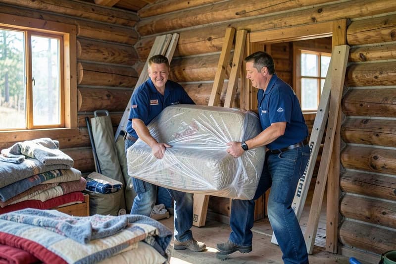 Crew carrying a wrapped sofa into a cabin