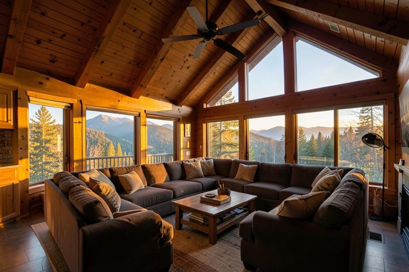 Vaulted cabin living room with mountain view windows