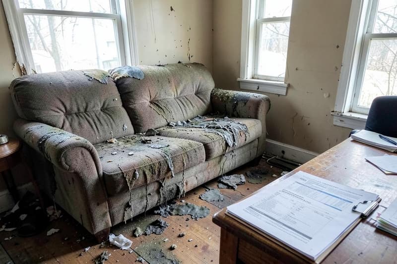 Water damaged sofa and floor in a rental property