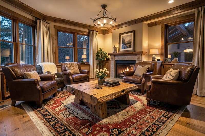 Leather club chairs and timber table in a cabin great room