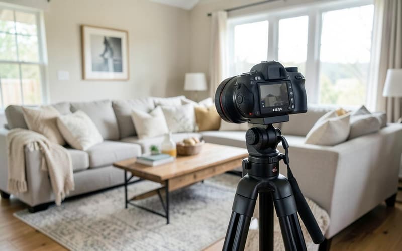 Camera on a tripod photographing a styled living room