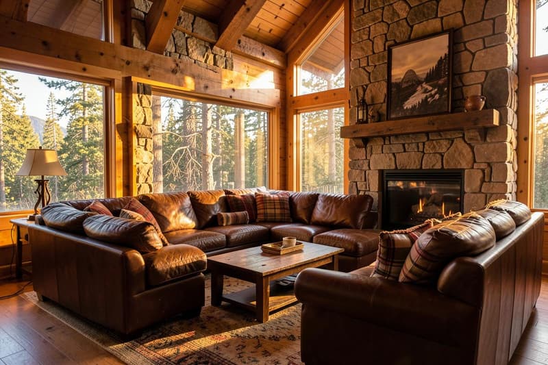 Leather sectional and stone fireplace in a cabin