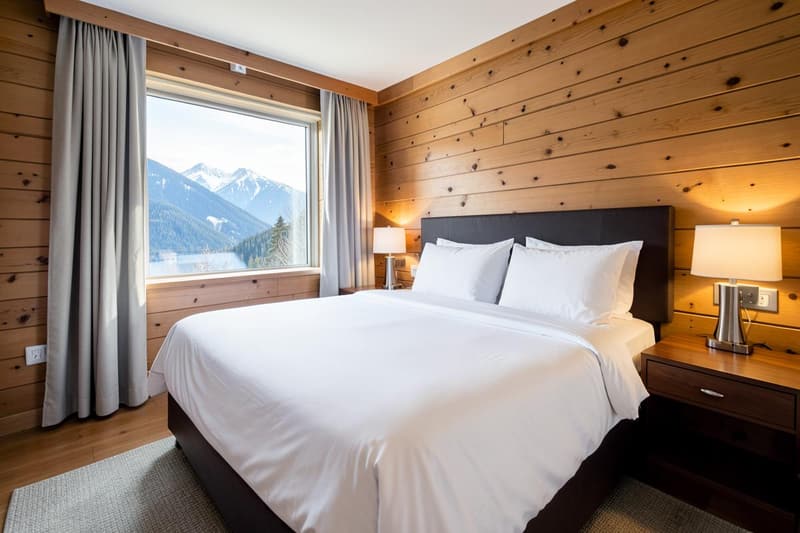 Cabin bedroom with king bed and white linens