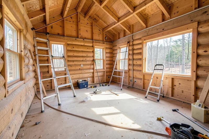 Unfinished log cabin interior during construction