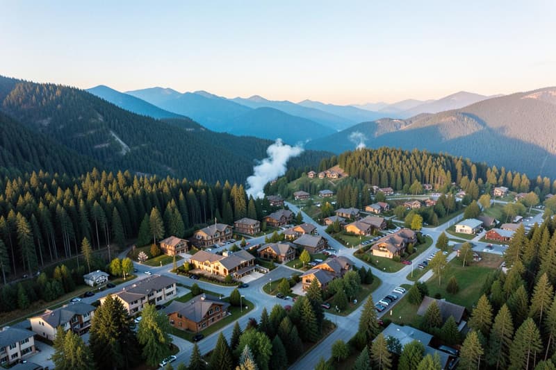 Aerial view of a Smoky Mountain town and cabins