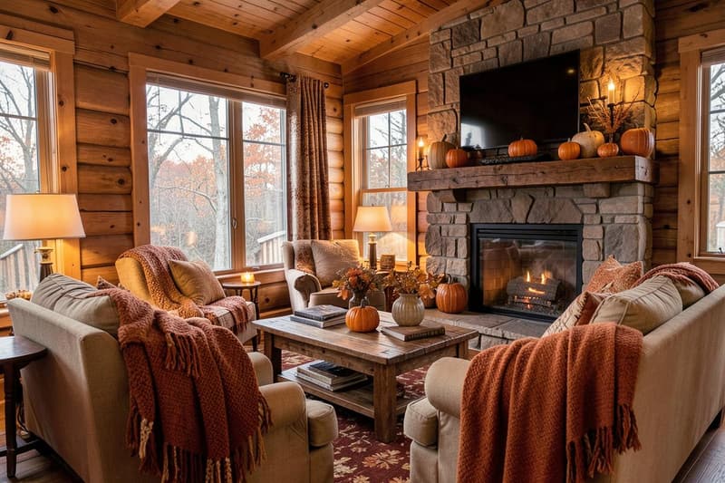 Cabin living room styled for autumn