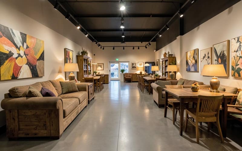 Smoky's Furniture showroom floor with sofas and dining sets