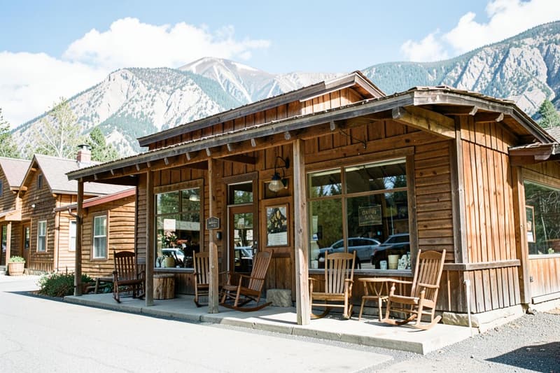 Rustic furniture storefront with rocking chairs and mountains behind