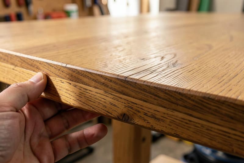 Close-up of solid wood table edge and grain